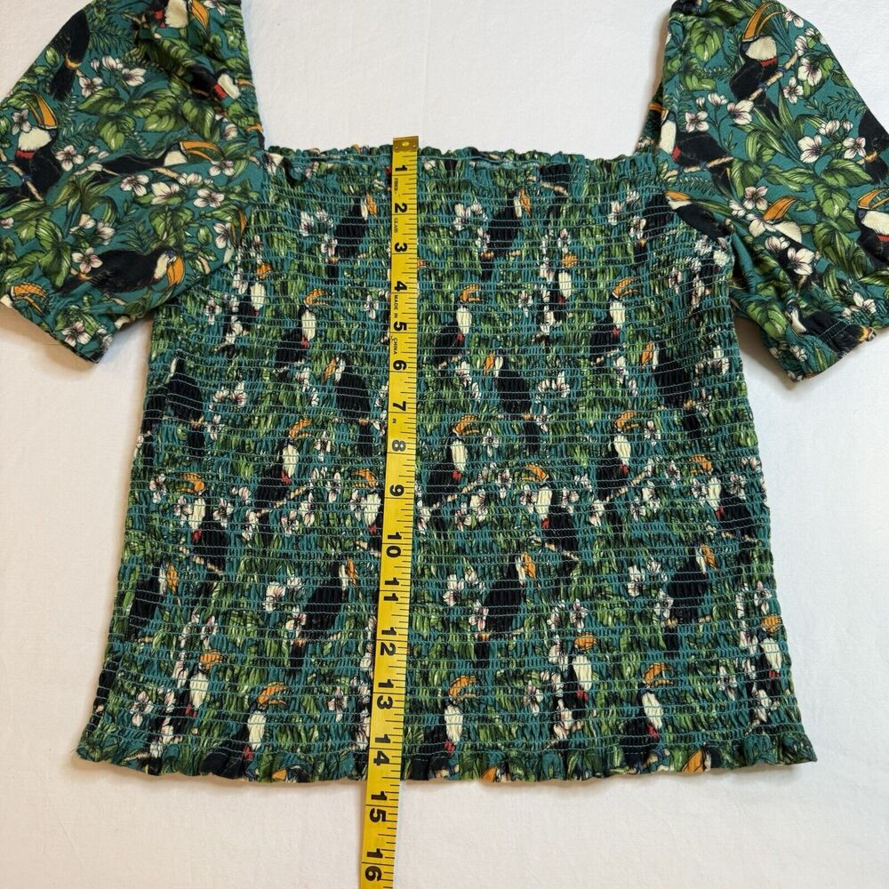Dolan Left Coast Green Smocked Top Sm Puff Sleeve Tropical Toucan Anthropologie - Picture 10 of 11